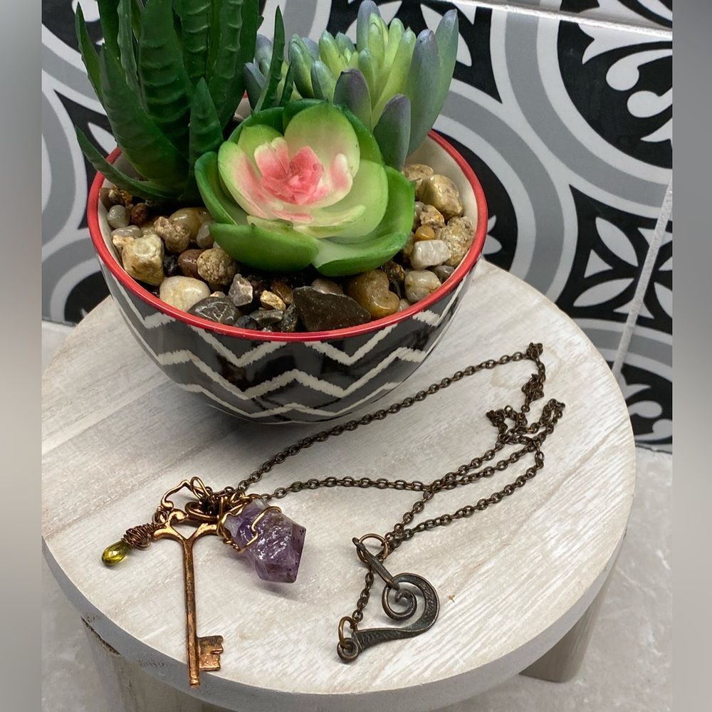 'Key to My Heart' Necklace - Copper-toned Key with Amethyst and Peridot